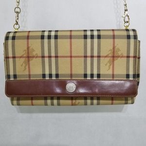 Authentic Burberry Nova Check Leather Baguette Shoulder Bag Purse Chain Added
